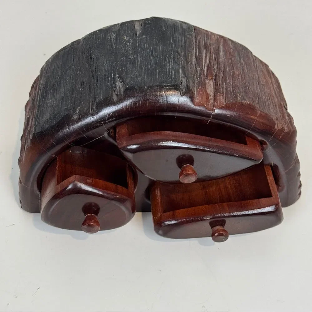 Vintage Handmade Burl Wood 3 Drawer Trinket Box